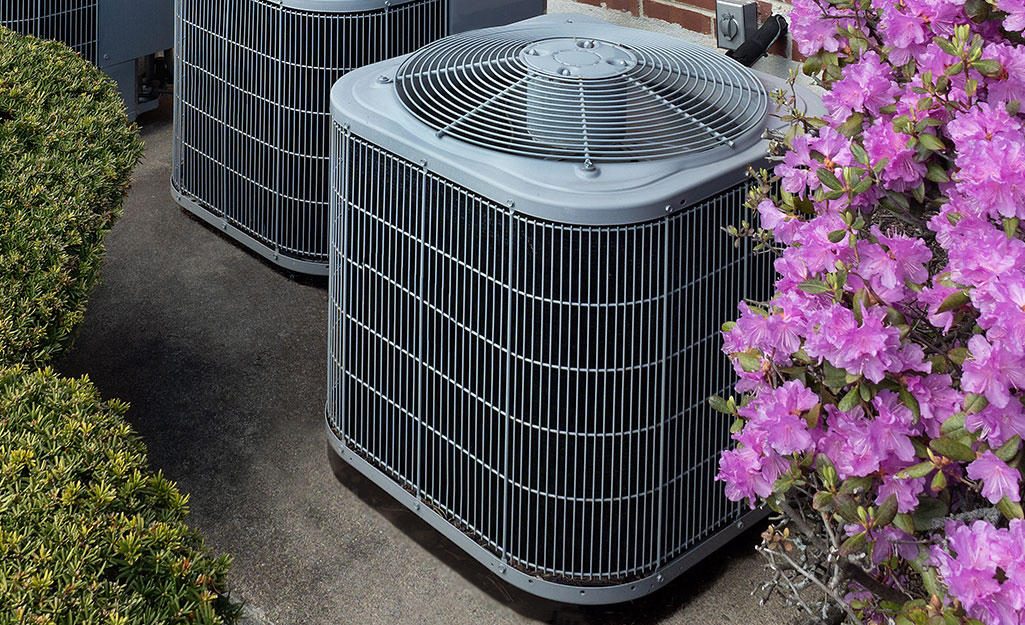 Outdoor AC condensers installed beside flowering shrubs