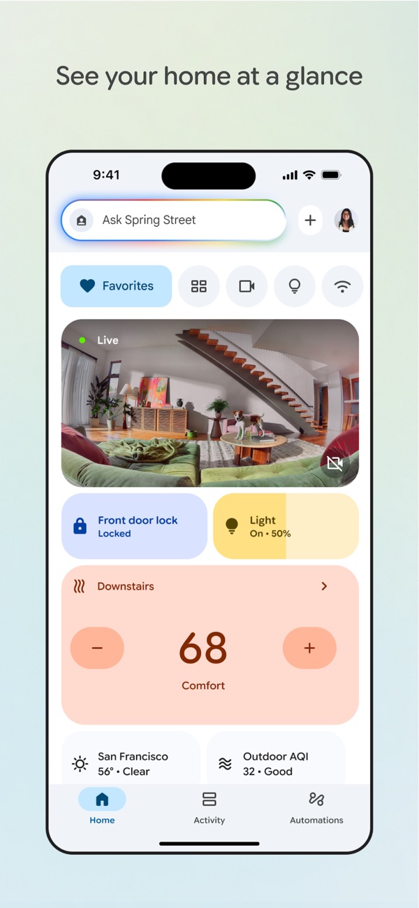 Google Home app with the thermostat at 68 and plus and minus buttons